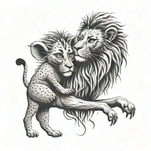 A dotwork design of Rafiki holding baby Simba up to the sky tattoo design idea