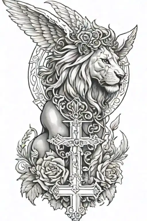 Angel of the Lord, Lion Head, Cross, Psalms 34:7 tattoo design idea