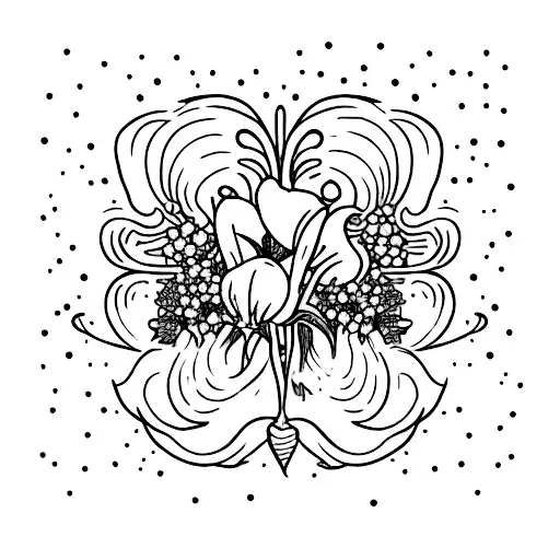 bouquet of flowers, including Hawthorn, Lily of the valley, Snowdrop, Rose, Larkspur, Sweetpea,  Poppy, and Cosmo, tied  tattoo design idea