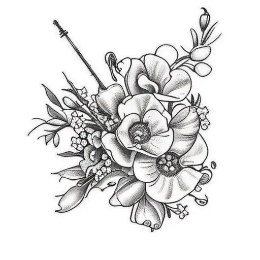 A traditional tattoo design of a bouquet of various flowers, including hawthorn, lily of the valley, poppy, sweetpea, larkspur, carnations, and snowdrop tattoo design idea