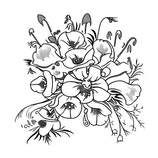 A traditional tattoo design of a bouquet of various flowers, including hawthorn, lily of the valley, poppy, sweetpea, larkspur, carnations, and snowdrop tattoo design idea