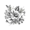 bouquet of flowers, including Hawthorn, Lily of the valley, Snowdrop, Rose, Larkspur, Sweetpea,  Poppy, and Cosmo, tied  tattoo design idea