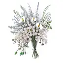 bouquet of flowers, including Hawthorn, Lily of the valley, Snowdrop, Rose, Larkspur, Sweetpea,  Poppy, and Cosmo, tied  tattoo design idea