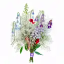bouquet of flowers, including Hawthorn, Lily of the valley, Snowdrop, Rose, Larkspur, Sweetpea,  Poppy, and Cosmo, tied  tattoo design idea
