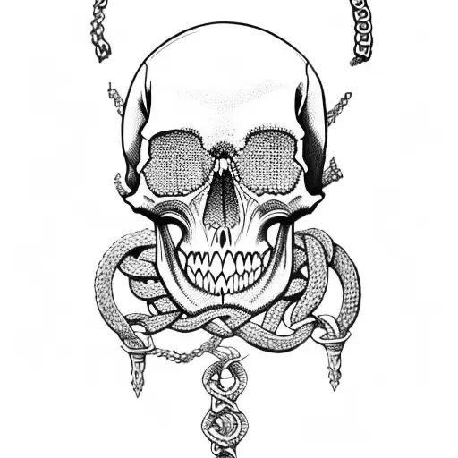 Skull, valknot, braided chain, clan, heritage, miller, roman, cooper tattoo design idea
