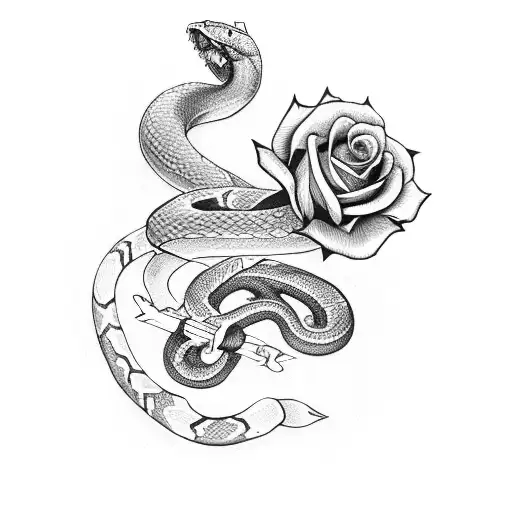 snake coiling a sword with roses tattoo design idea
