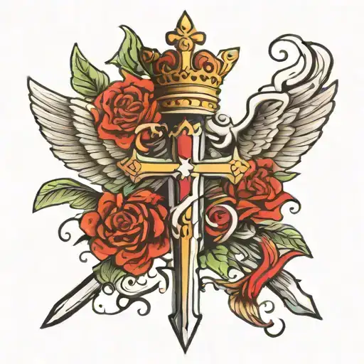 cross turned into a sword going through a crown with wings behind it tattoo design idea