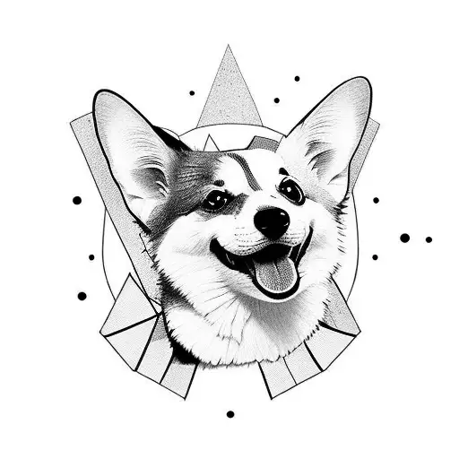 corgi sitting, smiling looking up at the silhouette of a bird tattoo design idea