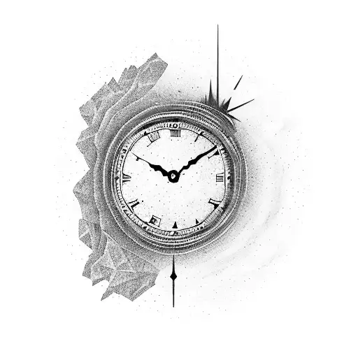 An opal and sapphire mountain landscape with a clock showing 11:11 tattoo design idea