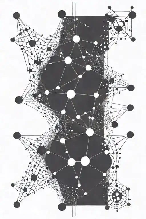 A detailed neural network design incorporating philosophical symbols such as the Socratic method and Wittgenstein's language games tattoo design idea
