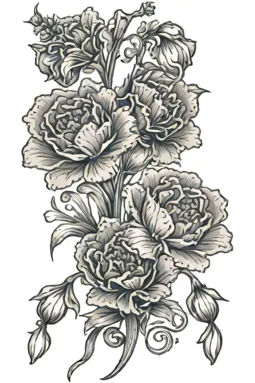 carnations and snowdrop flowers with music tattoo design idea