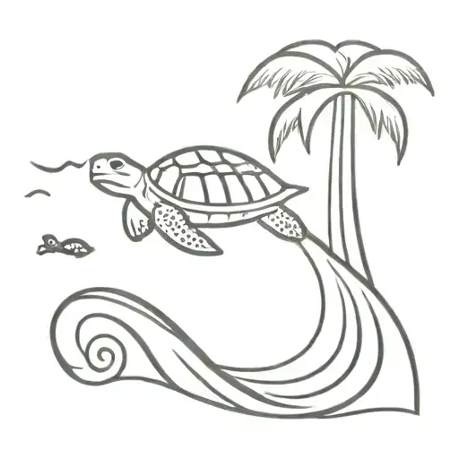 A palm tree with a wave and a turtle swimming tattoo design idea