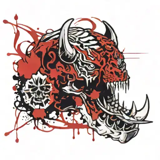 tiger skull with an axe through its head, Viking runes engraved in the hilt and axe head  tattoo design idea