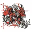 tiger skull with an axe through its head, Viking runes engraved in the hilt and axe head  tattoo design idea