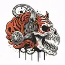 tiger skull with an axe through its head, Viking runes engraved in the hilt and axe head  tattoo design idea