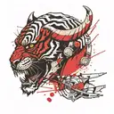 tiger skull with an axe through its head, Viking runes engraved in the hilt and axe head  tattoo design idea