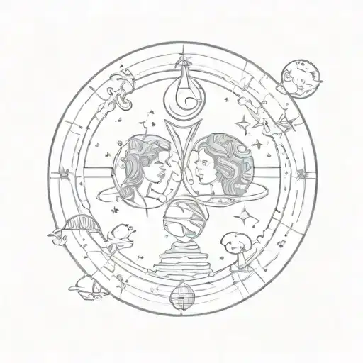 A minimalist sketch of the Gemini twins surrounded by symbols of their ruling planet Mercury tattoo design idea