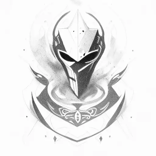 A detailed portrait of Jhin from League of Legends surrounded by four bullet casings tattoo design idea