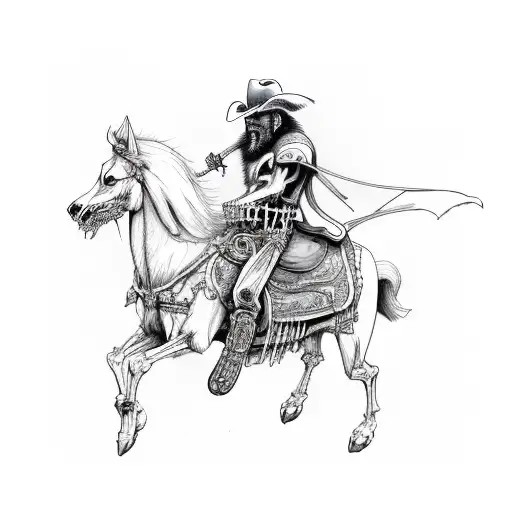 outlaw cowboy skeleton riding a horse, raven, lion and wolf  tattoo design idea