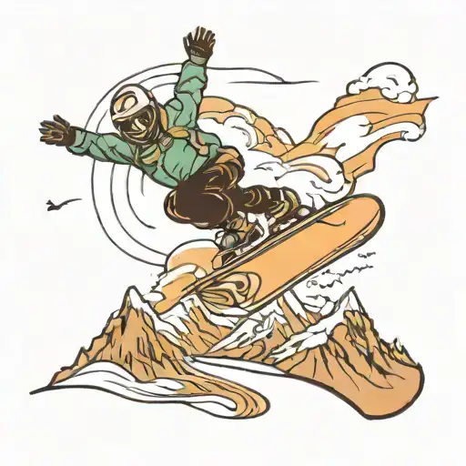 A snowboarder catching big air off a jump with snow-capped peaks in the background tattoo design idea