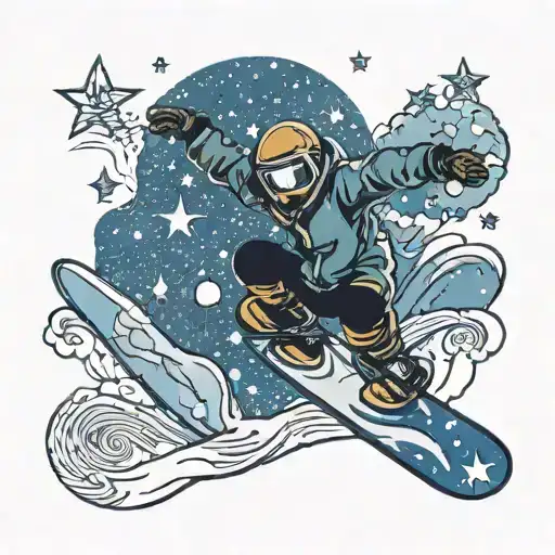 A snowboarder doing a handplant on a halfpipe with a starry night sky above tattoo design idea