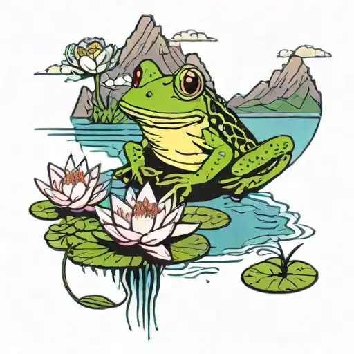 A lake with mountains in the background and on the lake to Lily pads with a frog jumping from one to the next tattoo design idea