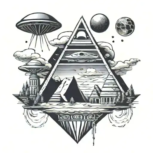 ufo alien abduction scene pyramid surrounded tattoo design idea