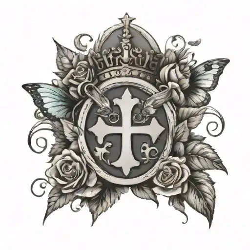 A roman leaf crown with a cross in the middle and butterflies and roses surrounding tattoo design idea