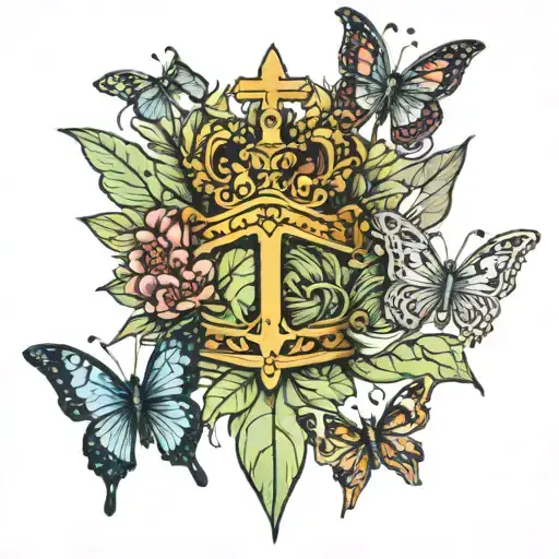 A roman leaf crown with a cross in the middle and butterflies surrounding tattoo design idea