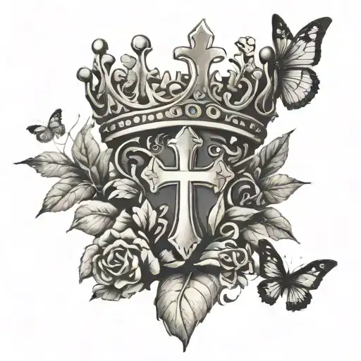 A roman leaf crown with a cross in the middle and butterflies surrounding tattoo design idea