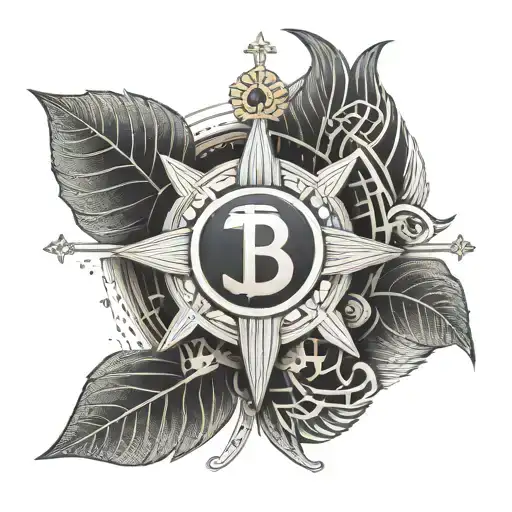 A roman leaf crown with a cross as the focal and an 8-ball made out of binary code with a bitcoin symbol in the middle  tattoo design idea