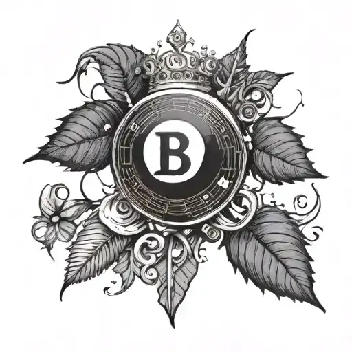 an 8-ball made out of binary code with a bitcoin symbol on top with a roman leaf crown mixed in  tattoo design idea