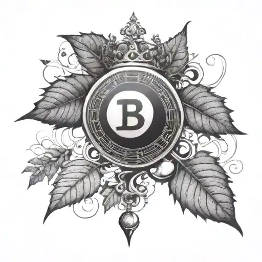A roman leaf crown with a cross in the middle and an 8-ball made out of binary code with a bitcoin symbol in the middle  tattoo design idea