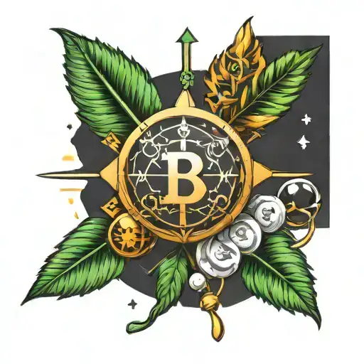 A roman leaf crown with a cross as the focal and an 8-ball made out of binary code with a bitcoin symbol in the middle  tattoo design idea