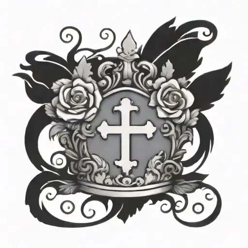 A roman leaf crown with a cross in the middle and butterflies and roses surrounding tattoo design idea