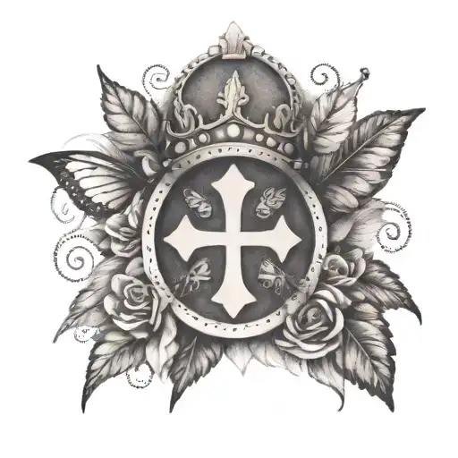 A roman leaf crown with a cross in the middle and butterflies and roses surrounding tattoo design idea