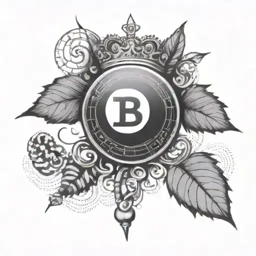 an 8-ball made out of binary code with a bitcoin symbol on top with a cross and roman leaf crown mixed in tattoo design idea