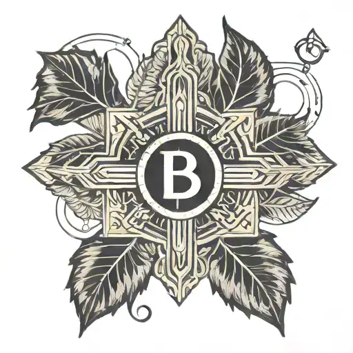A roman leaf crown with a small bitcoin symbol on top and a bigger cross in the middle tattoo design idea