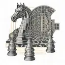 A chess piece made out of binary code with a bitcoin symbol on top tattoo design idea