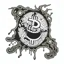 bitcoin symbol as a blink 182 smiley face with x's as eyes melting tattoo design idea
