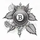 an 8-ball made out of binary code with a bitcoin symbol on top with a cross and roman leaf crown mixed in tattoo design idea