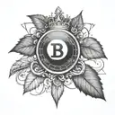 an 8-ball made out of binary code with a bitcoin symbol on top with a cross and roman leaf crown mixed in tattoo design idea