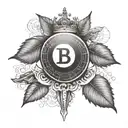 an 8-ball made out of binary code with a bitcoin symbol on top with a cross and roman leaf crown mixed in tattoo design idea