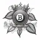 an 8-ball made out of binary code with a bitcoin symbol on top with a cross and roman leaf crown mixed in tattoo design idea