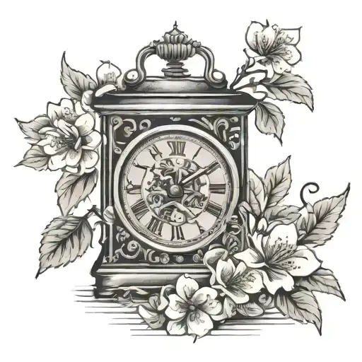 1930s carriage clock surrounded by cherry blossom  tattoo design idea