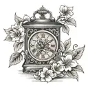 1930s carriage clock surrounded by cherry blossom  tattoo design idea