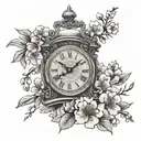 1930s carriage clock surrounded by cherry blossom  tattoo design idea