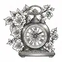 1930s carriage clock surrounded by cherry blossom  tattoo design idea