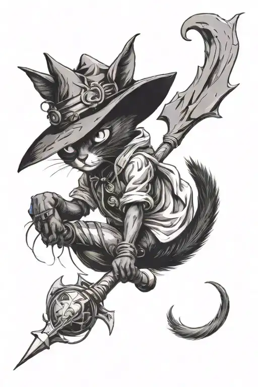 black cat in a witch had playing with a bat flying tattoo design idea