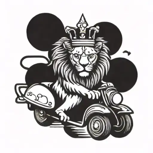 A lion wearing a tattoo machine as a crown, riding an electric scooter tattoo design idea